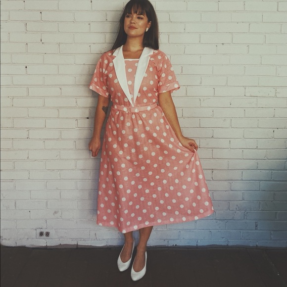 Vintage Dresses & Skirts - 1980’s Peachy Pink Polka Dot Dress